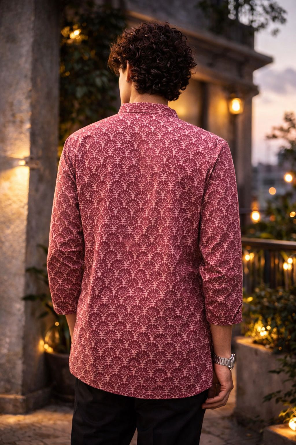 Rich Maroon Linen Print Short Kurta | Men's Festive Ethnic Attire