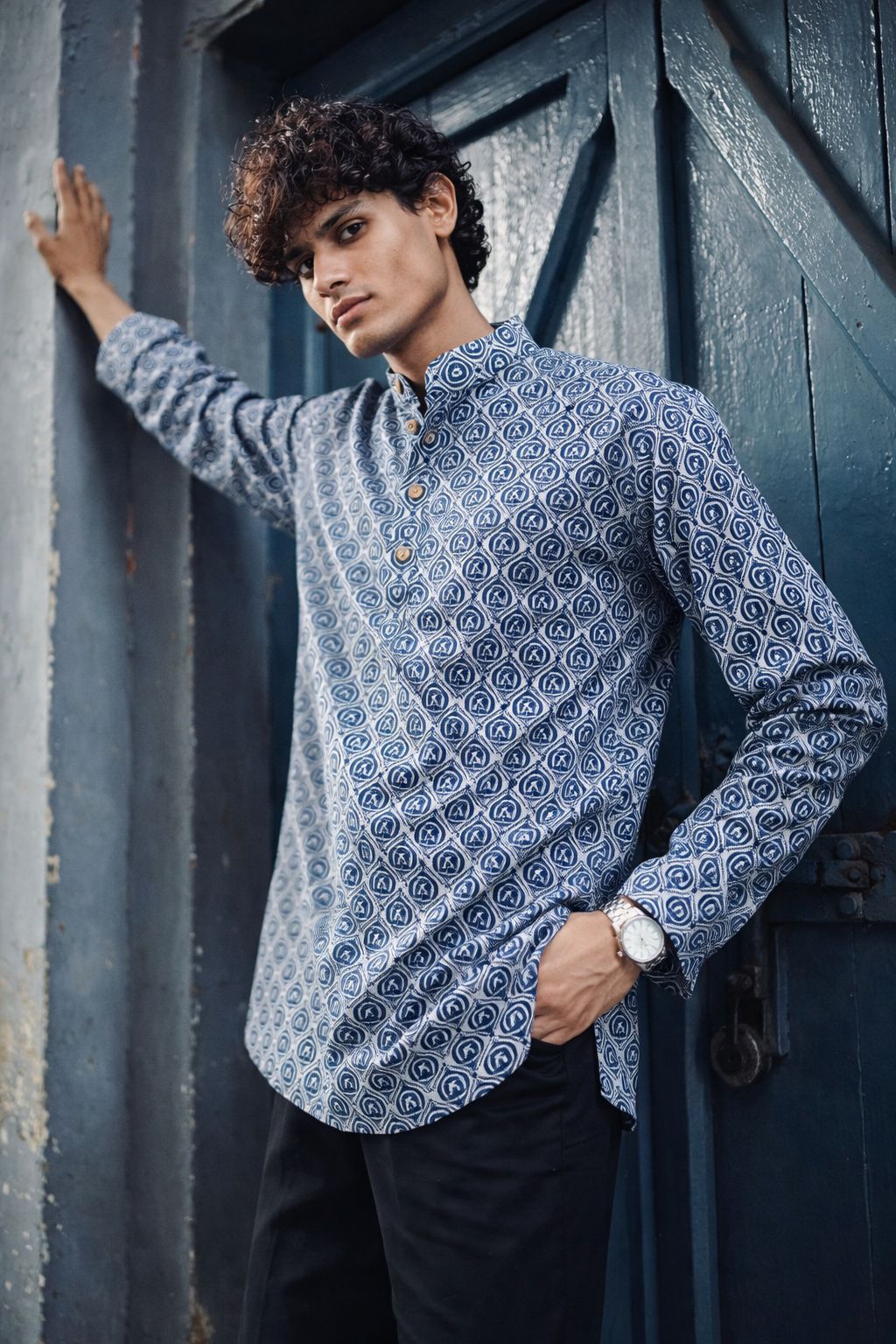 Serene Blue Linen Print Short Kurta | Men's Casual Festive Wear