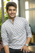 Vibrant Orange Linen Print Short Kurta | Men's Festive Ethnic Wear