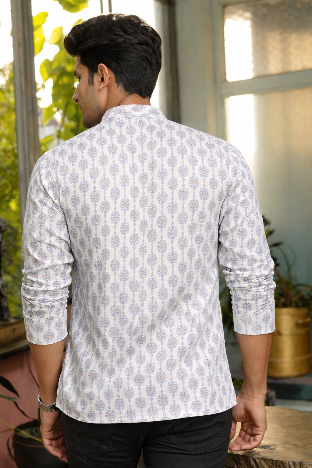 Vibrant Orange Linen Print Short Kurta | Men's Festive Ethnic Wear