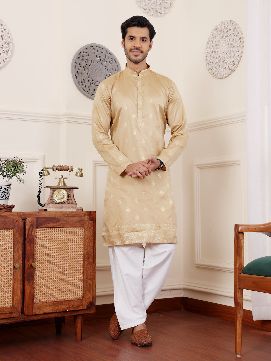Elegant Beige Viscose Rajwadi Kurta | Wevon Jacquard Art Silk Ensemble