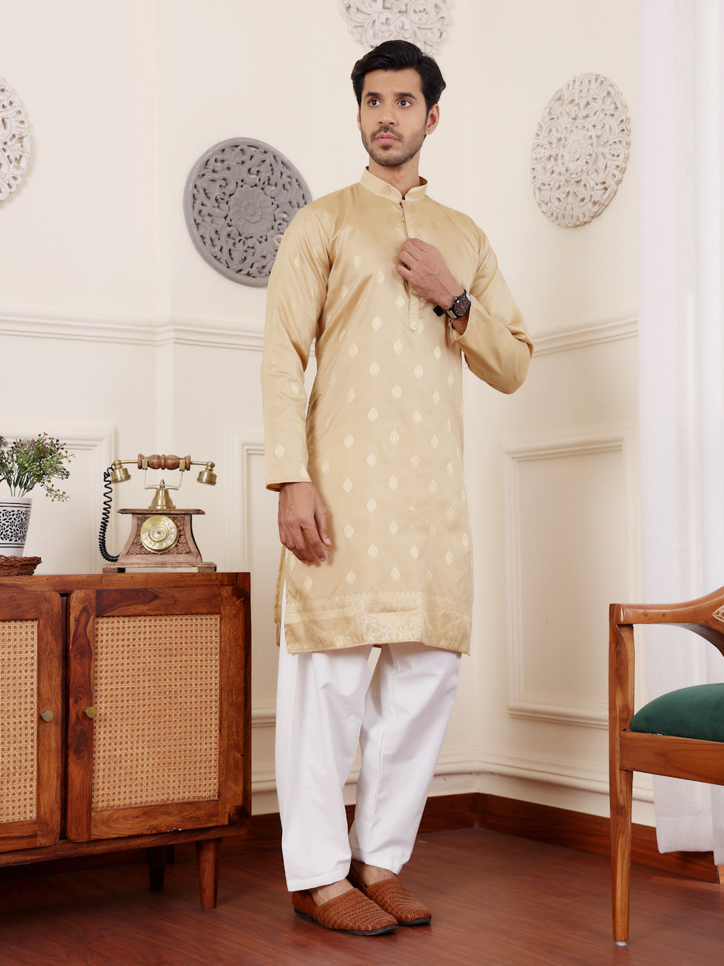 Elegant Beige Viscose Rajwadi Kurta | Wevon Jacquard Art Silk Ensemble