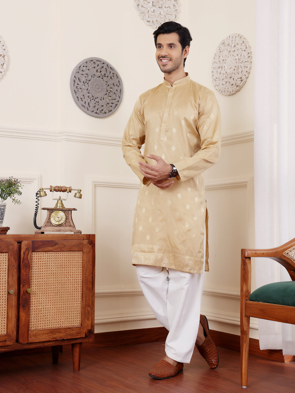 Elegant Beige Viscose Rajwadi Kurta | Wevon Jacquard Art Silk Ensemble