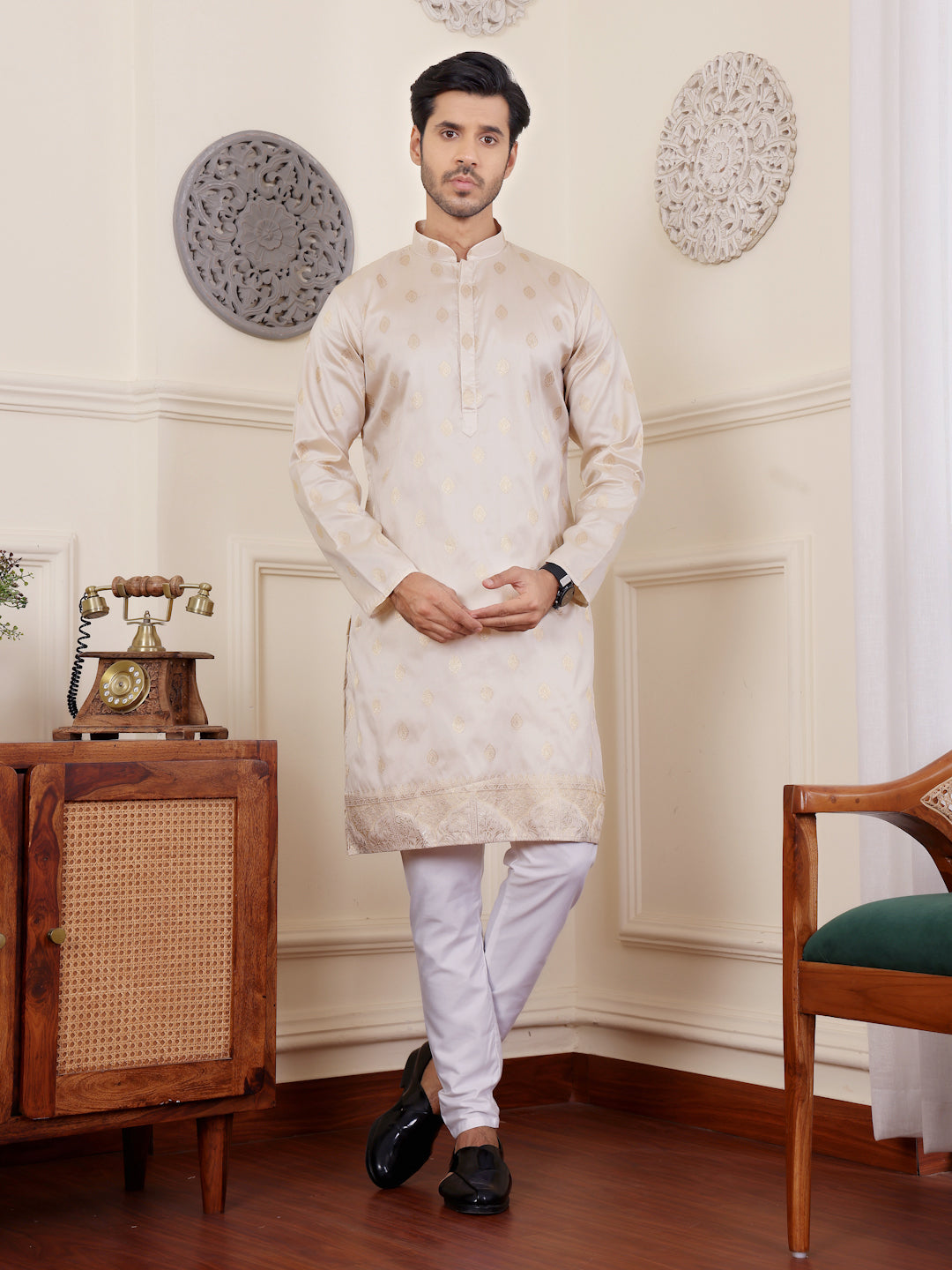 Pure Off White Viscose Rajwadi Kurta | Wevon Jacquard Art Silk Ensemble
