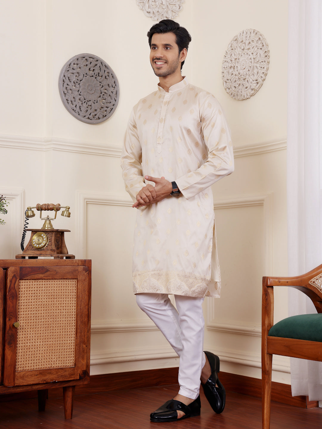 Pure Off White Viscose Rajwadi Kurta | Wevon Jacquard Art Silk Ensemble