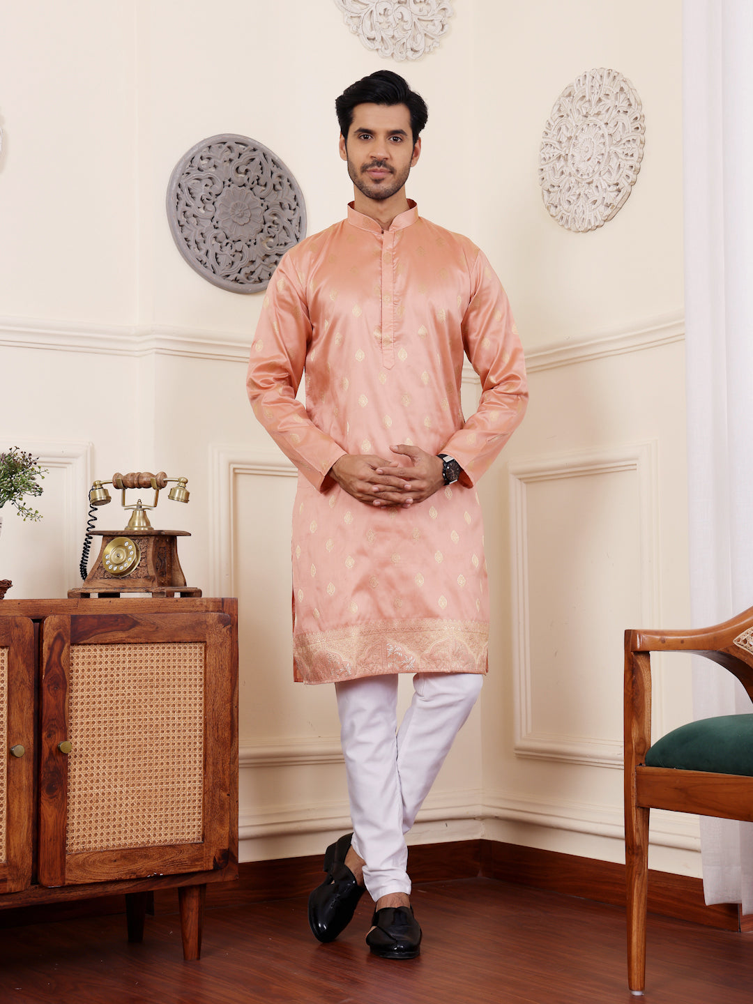Delicate Peach Viscose Rajwadi Kurta | Wevon Jacquard Art Silk Ensemble