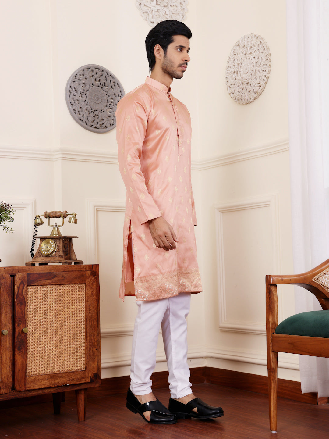 Delicate Peach Viscose Rajwadi Kurta | Wevon Jacquard Art Silk Ensemble