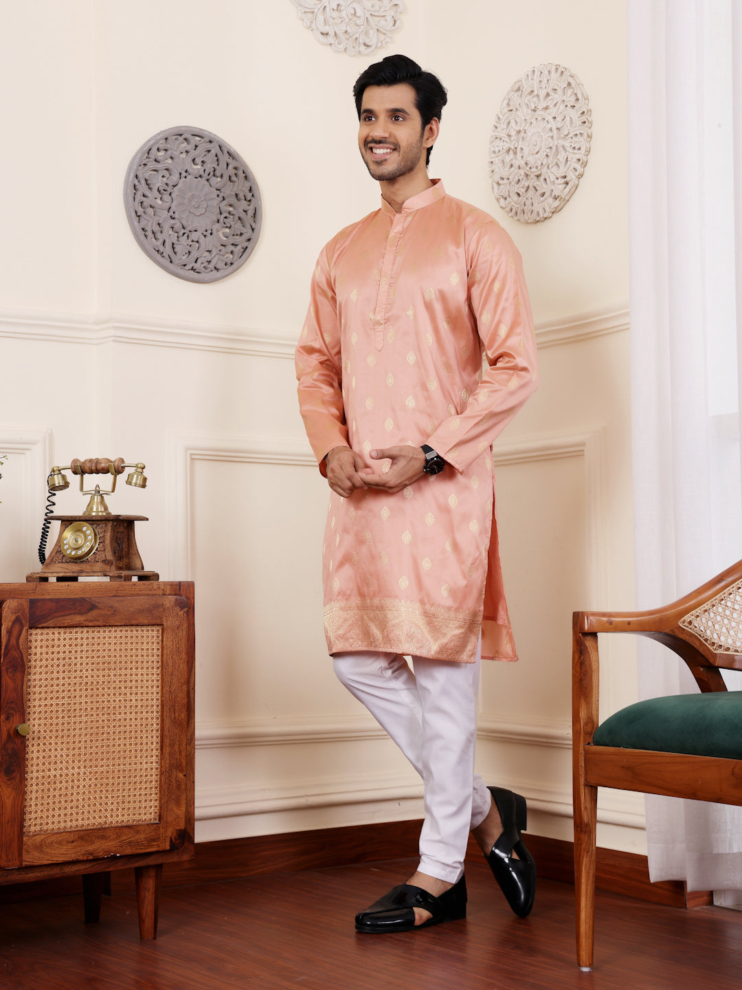 Delicate Peach Viscose Rajwadi Kurta | Wevon Jacquard Art Silk Ensemble