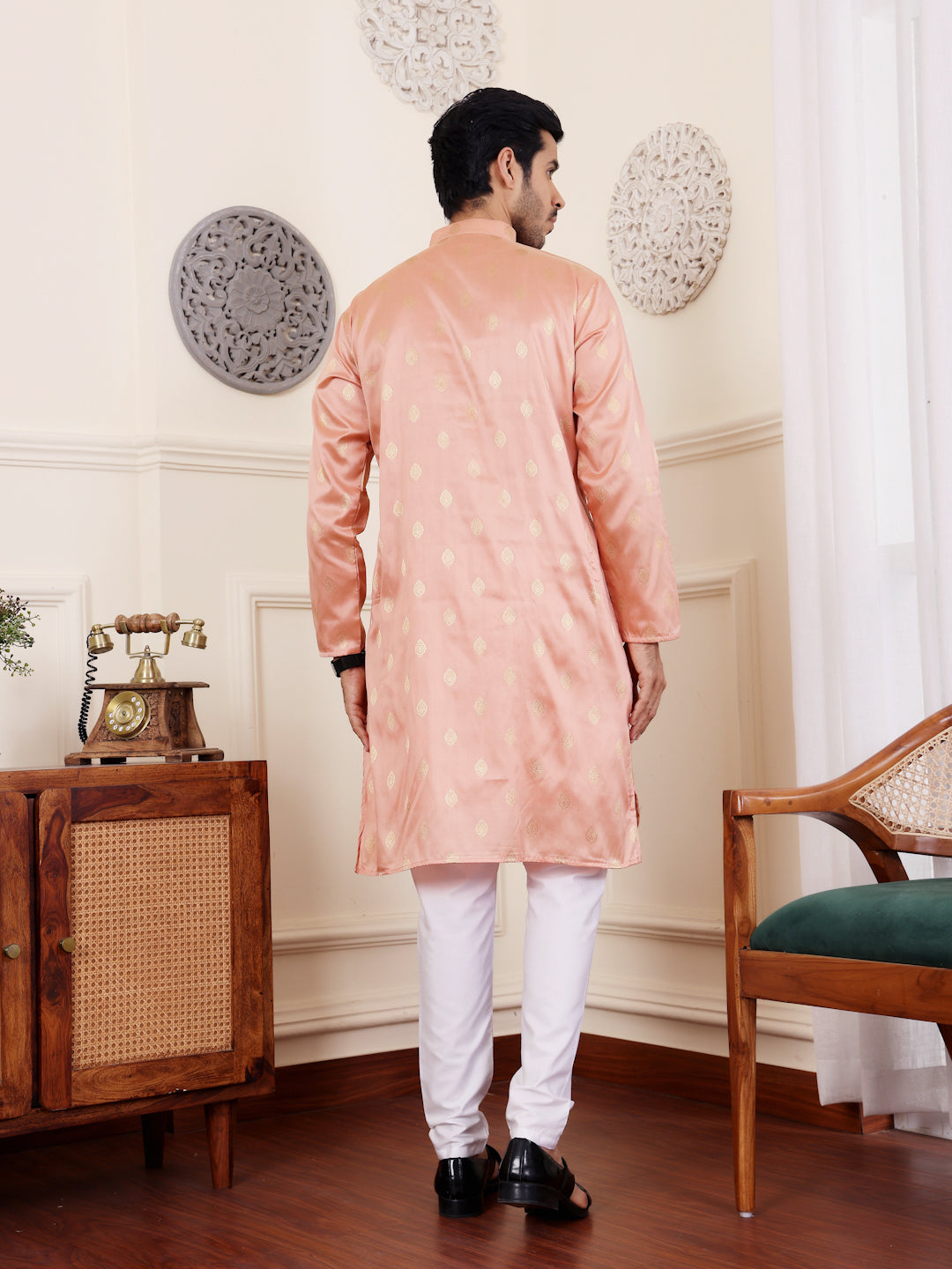 Delicate Peach Viscose Rajwadi Kurta | Wevon Jacquard Art Silk Ensemble