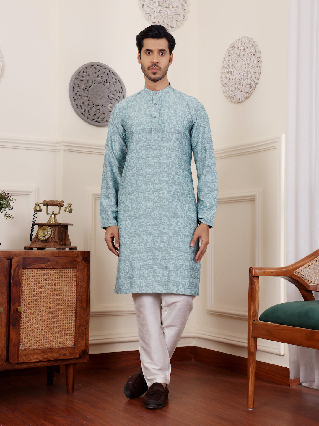 Royal Blue Viscose Rajwadi Kurta | Wevon Jacquard Art Silk Ensemble