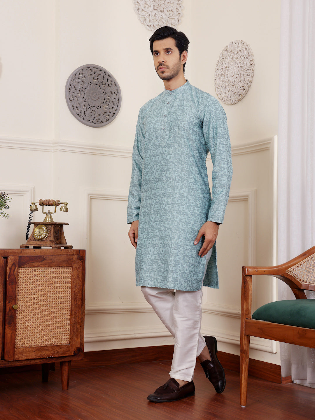 Royal Blue Viscose Rajwadi Kurta | Wevon Jacquard Art Silk Ensemble