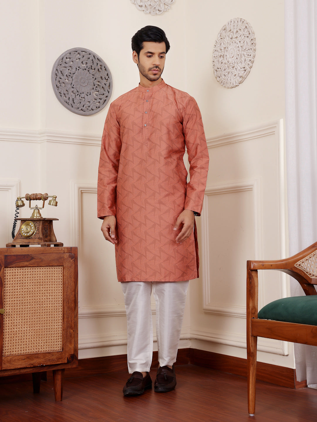 Vibrant Orange Viscose Rajwadi Kurta | Wevon Jacquard Art Silk Ensemble
