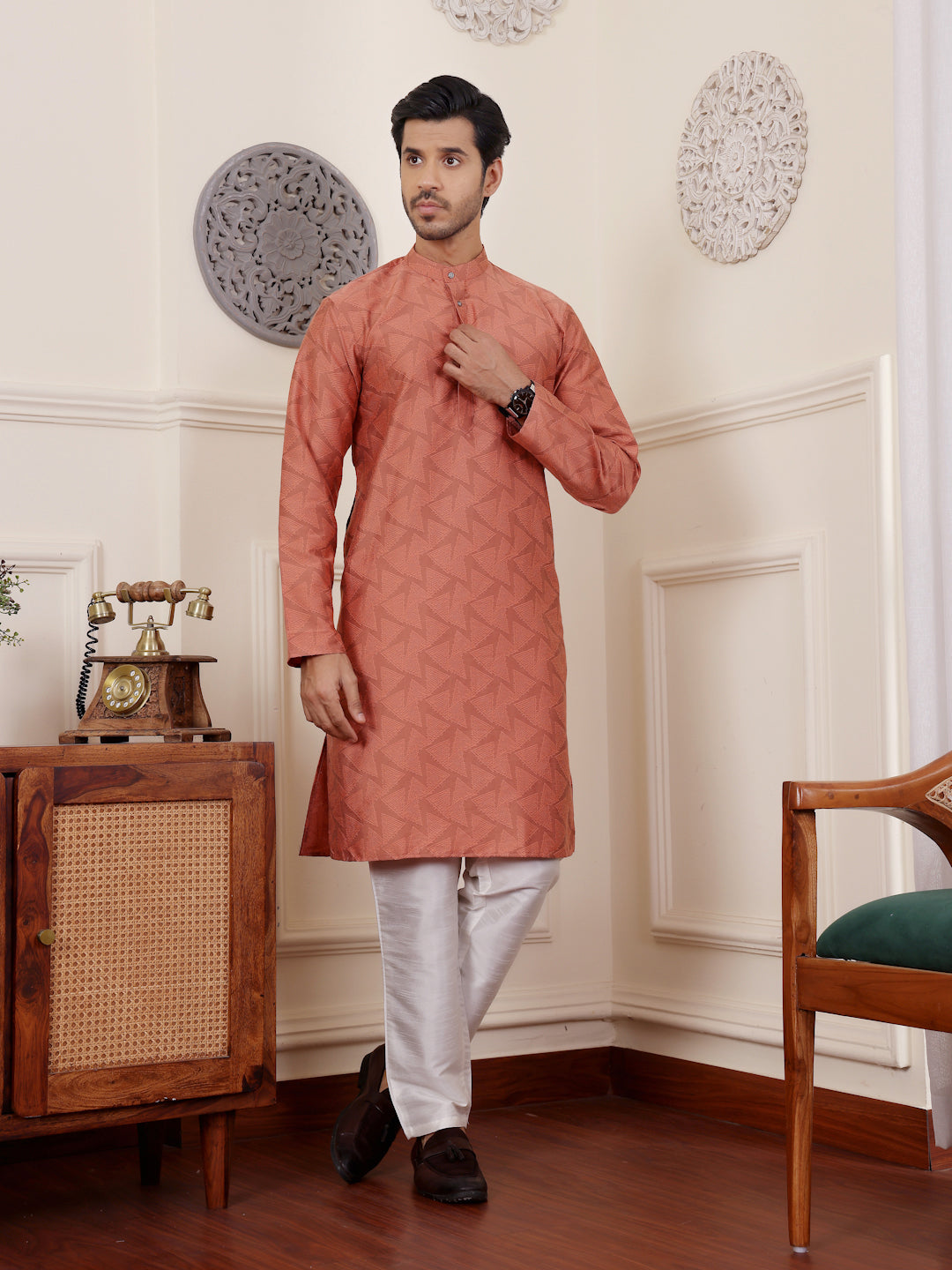 Vibrant Orange Viscose Rajwadi Kurta | Wevon Jacquard Art Silk Ensemble