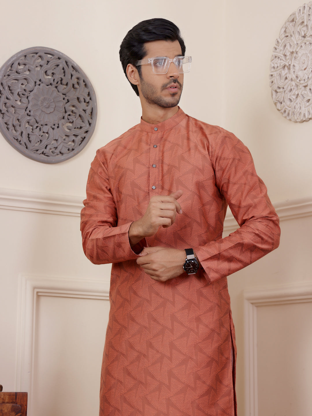 Vibrant Orange Viscose Rajwadi Kurta | Wevon Jacquard Art Silk Ensemble