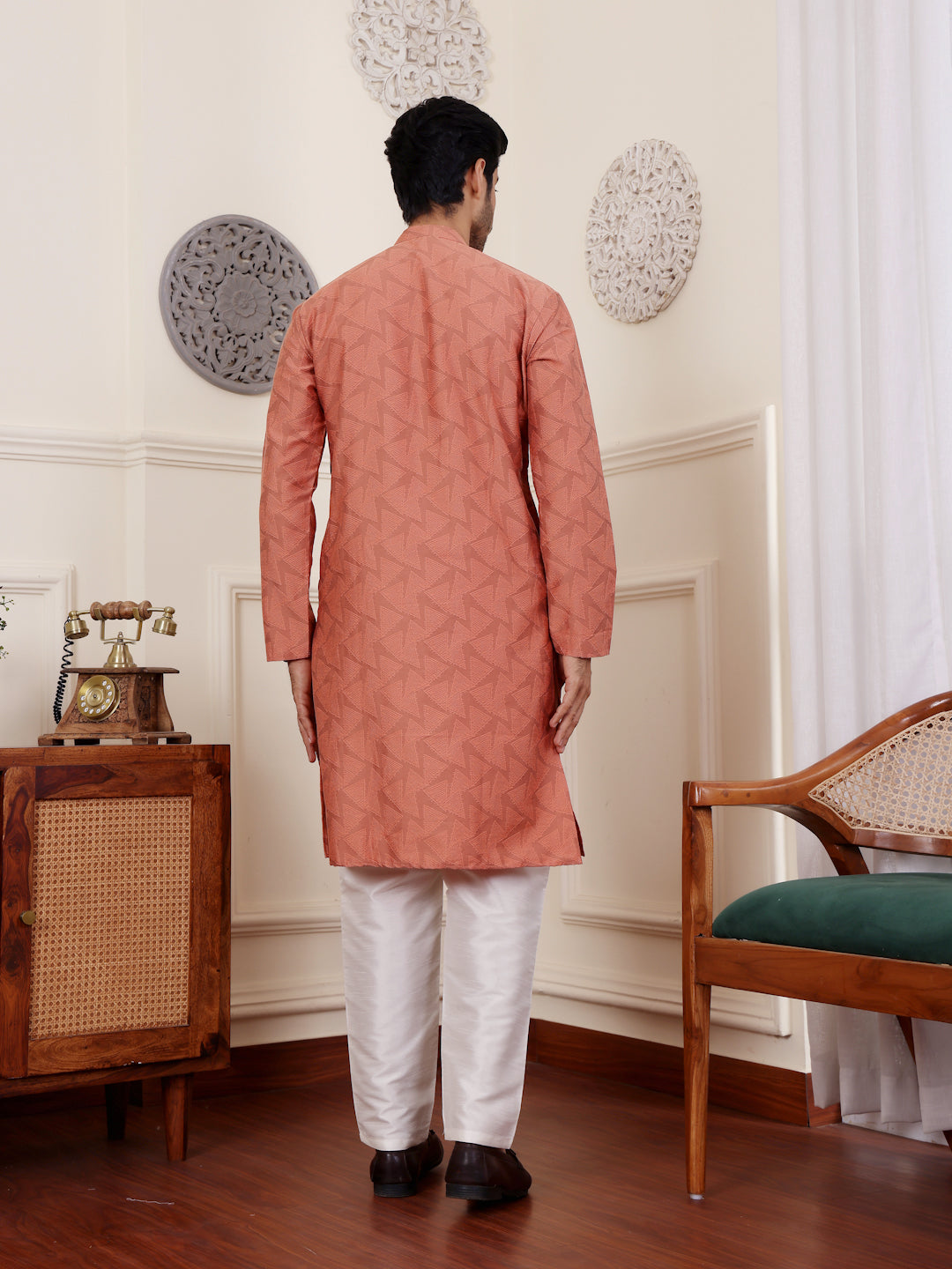 Vibrant Orange Viscose Rajwadi Kurta | Wevon Jacquard Art Silk Ensemble