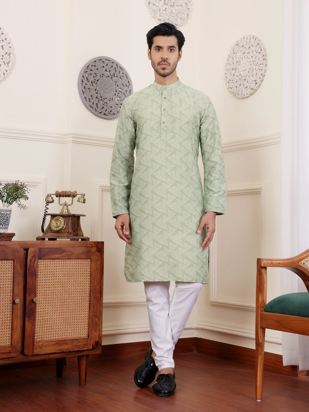 Fresh Green Viscose Rajwadi Kurta | Wevon Jacquard Art Silk Ensemble