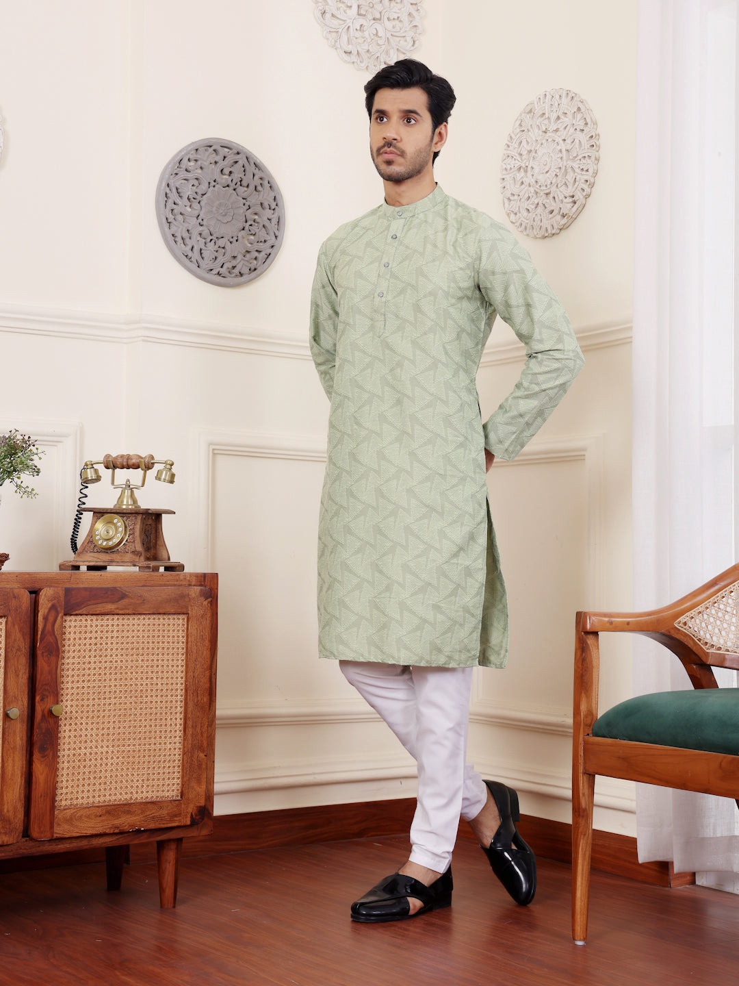 Fresh Green Viscose Rajwadi Kurta | Wevon Jacquard Art Silk Ensemble
