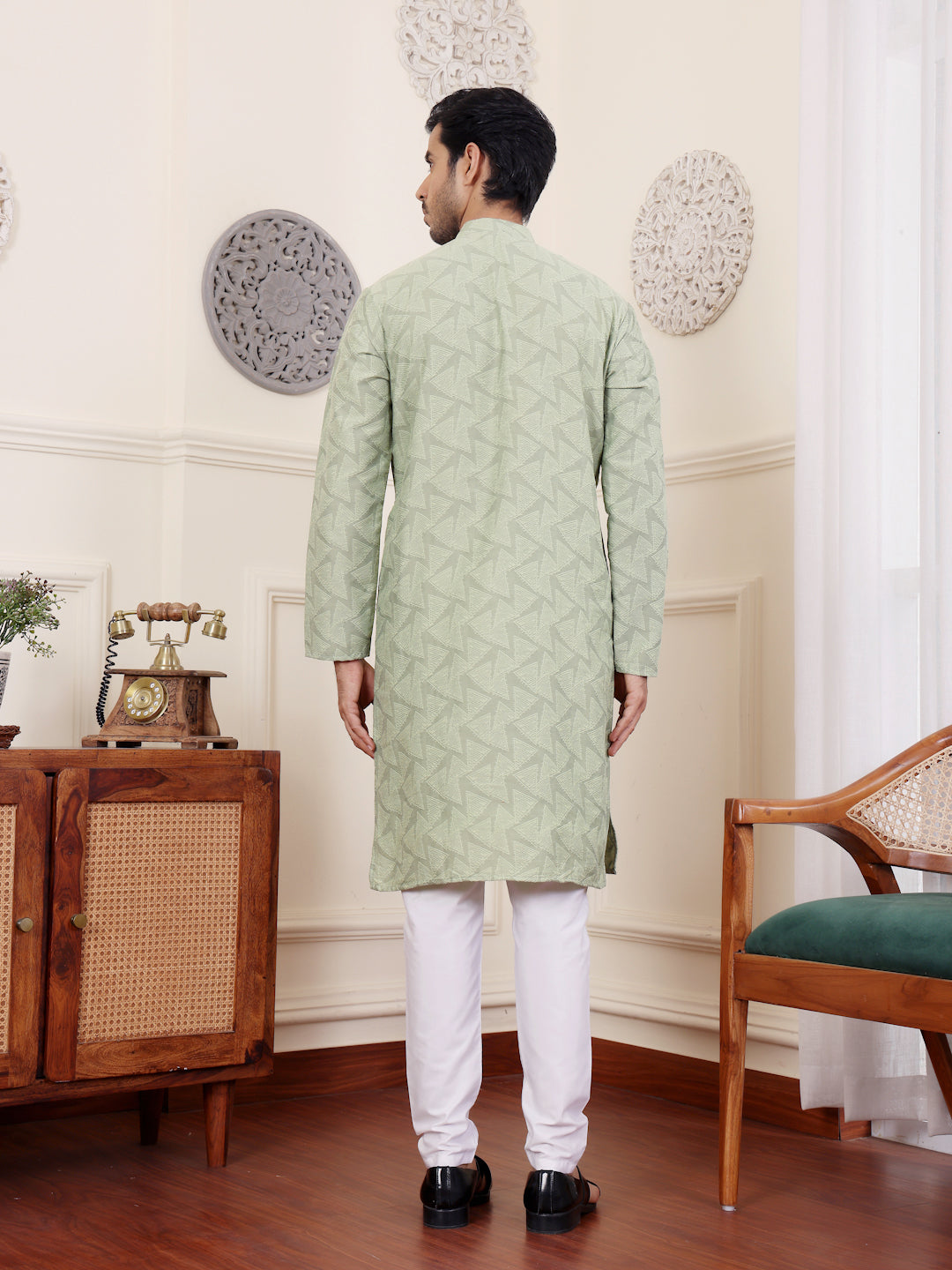 Fresh Green Viscose Rajwadi Kurta | Wevon Jacquard Art Silk Ensemble