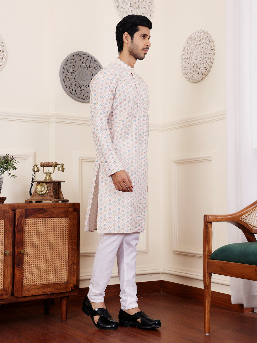 Pristine Off White Viscose Rajwadi Kurta | Chikankari Embroidery Art Silk Ensemble