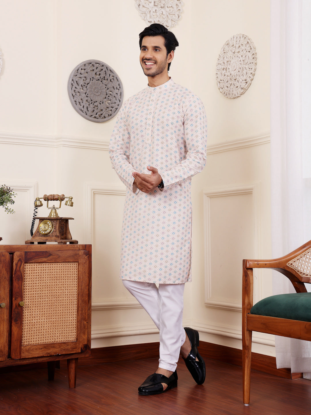 Pristine Off White Viscose Rajwadi Kurta | Chikankari Embroidery Art Silk Ensemble