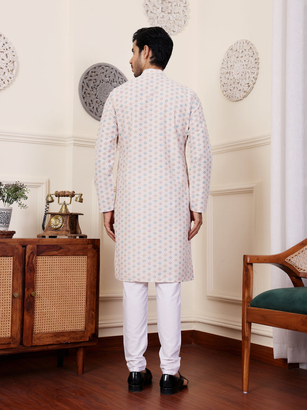Pristine Off White Viscose Rajwadi Kurta | Chikankari Embroidery Art Silk Ensemble