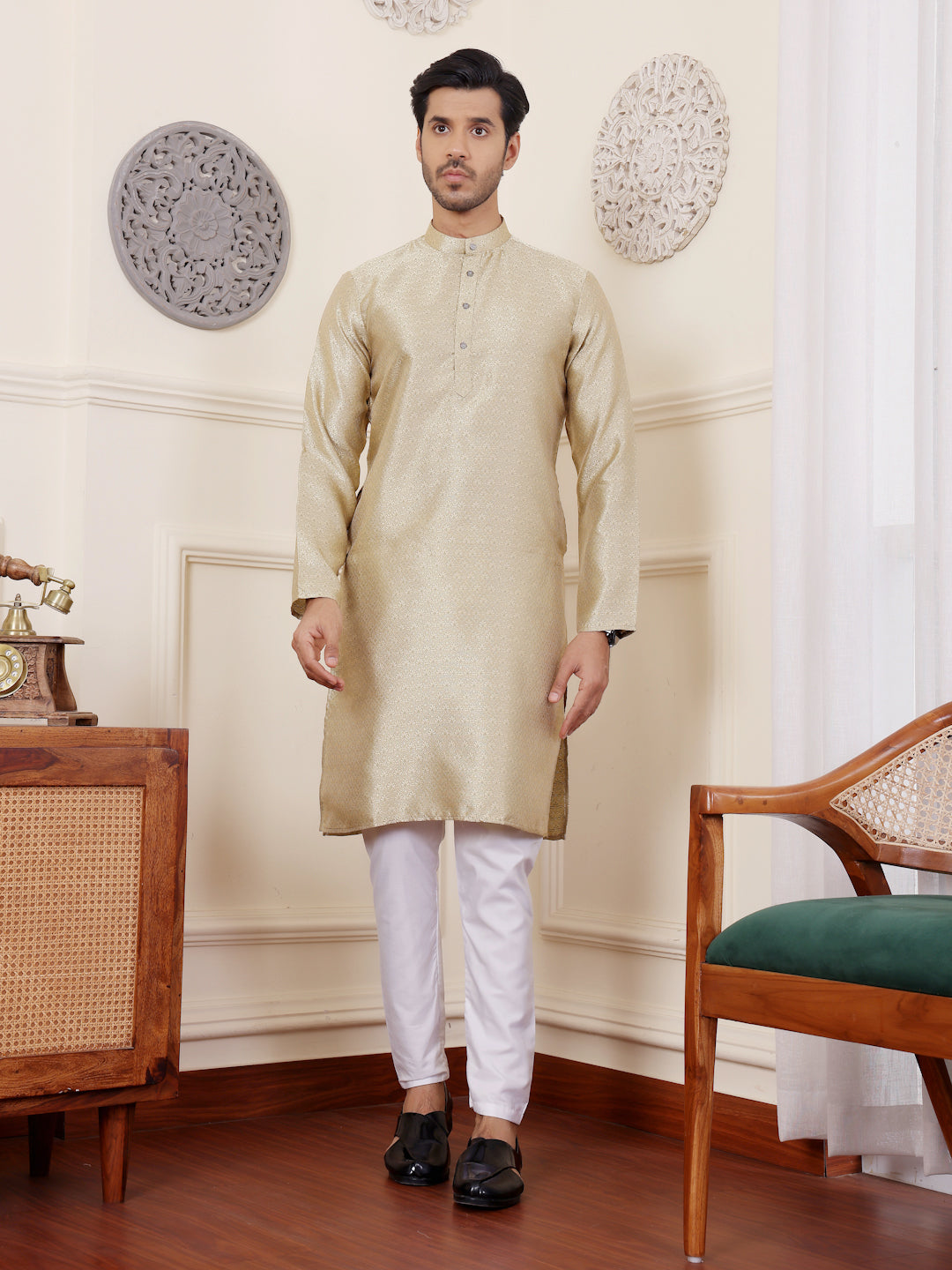 Subtle Beige Viscose Rajwadi Kurta | Wevon Jacquard Art Silk Ensemble