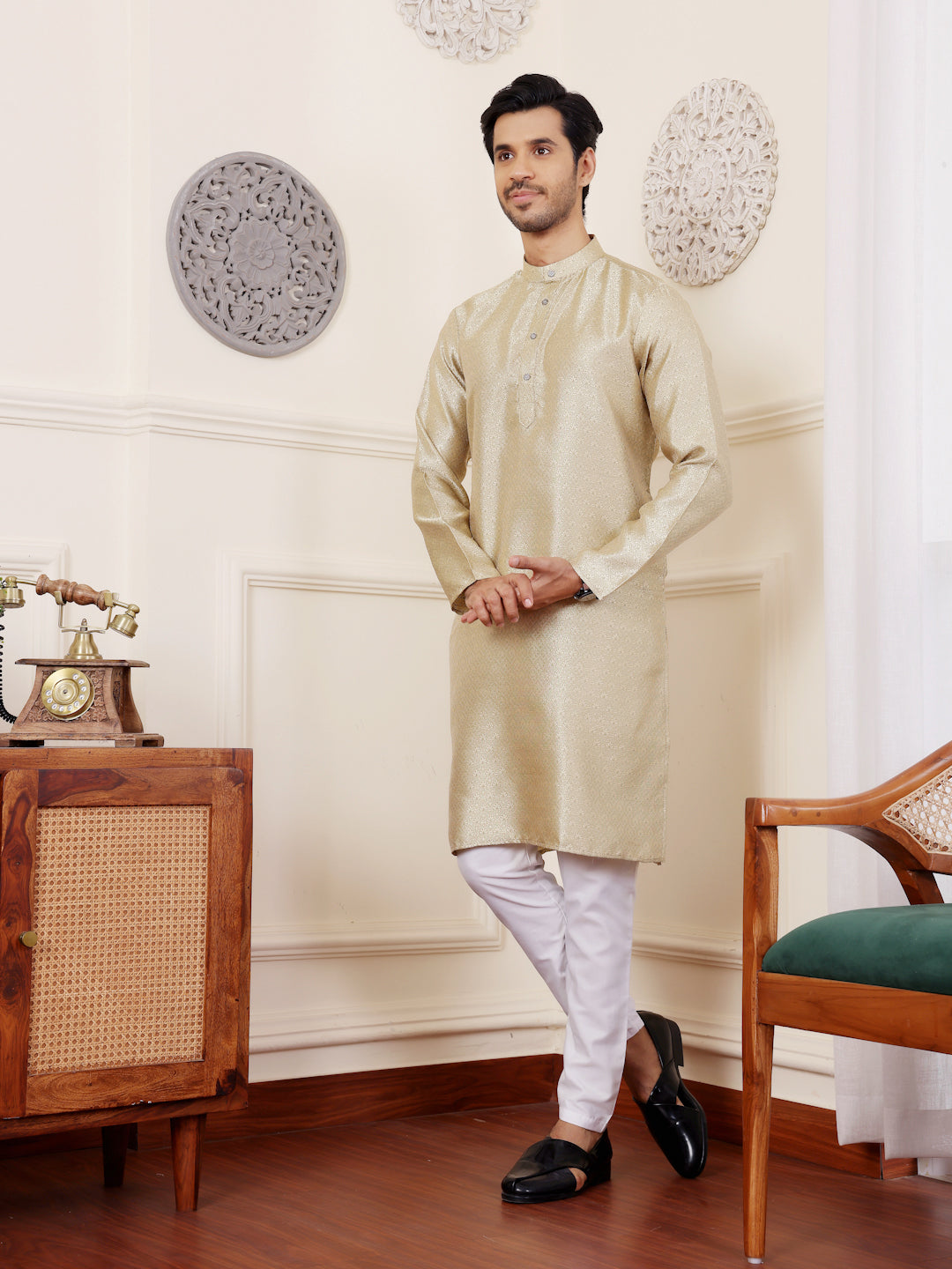 Subtle Beige Viscose Rajwadi Kurta | Wevon Jacquard Art Silk Ensemble