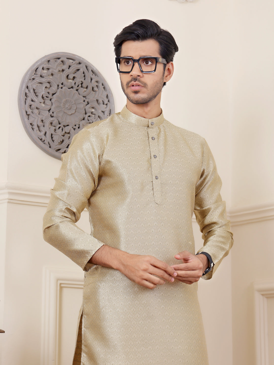 Subtle Beige Viscose Rajwadi Kurta | Wevon Jacquard Art Silk Ensemble