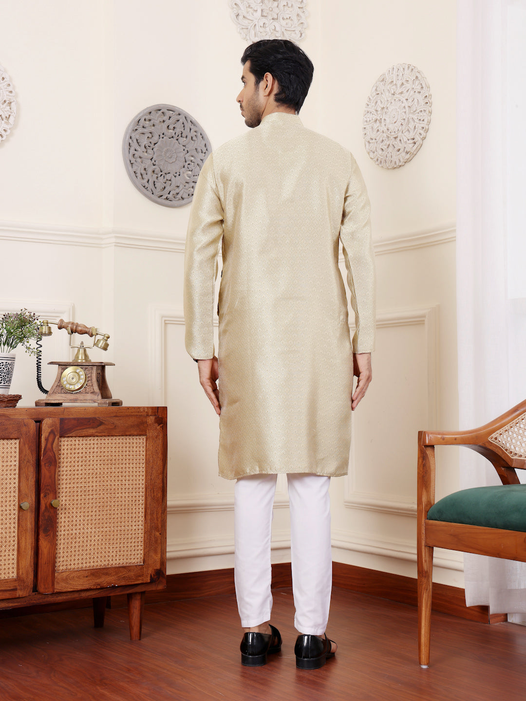 Subtle Beige Viscose Rajwadi Kurta | Wevon Jacquard Art Silk Ensemble