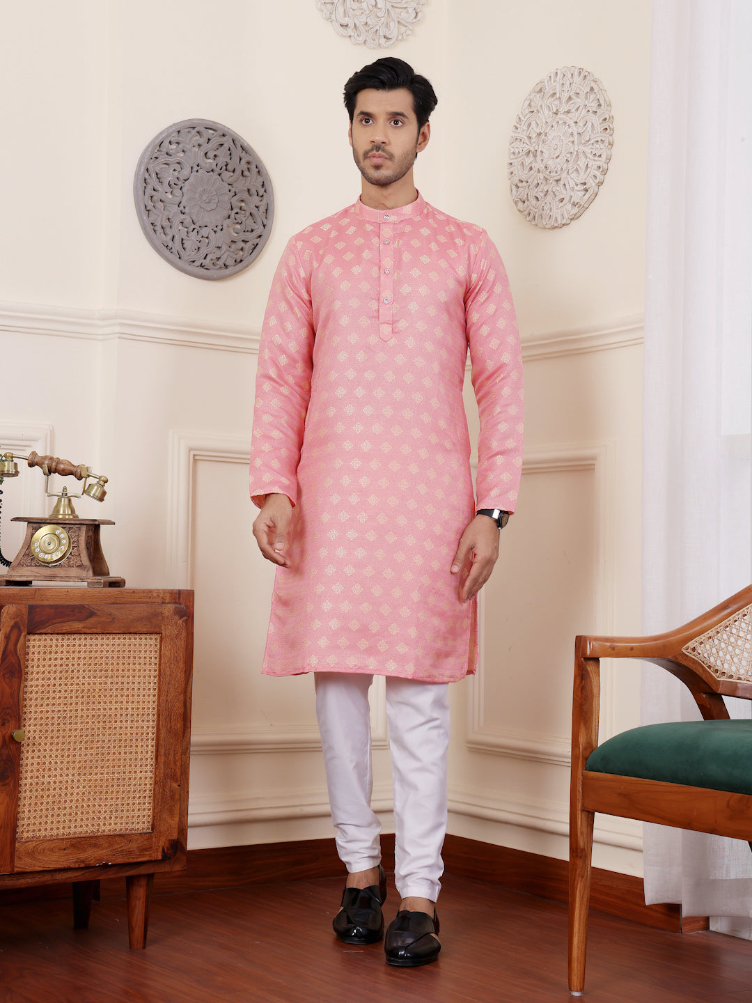 Soft Pink Viscose Rajwadi Kurta | Wevon Jacquard Art Silk Ensemble