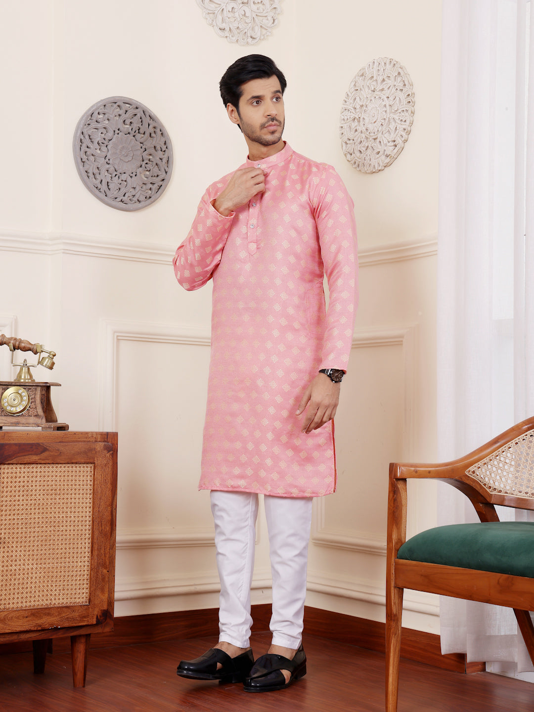 Soft Pink Viscose Rajwadi Kurta | Wevon Jacquard Art Silk Ensemble