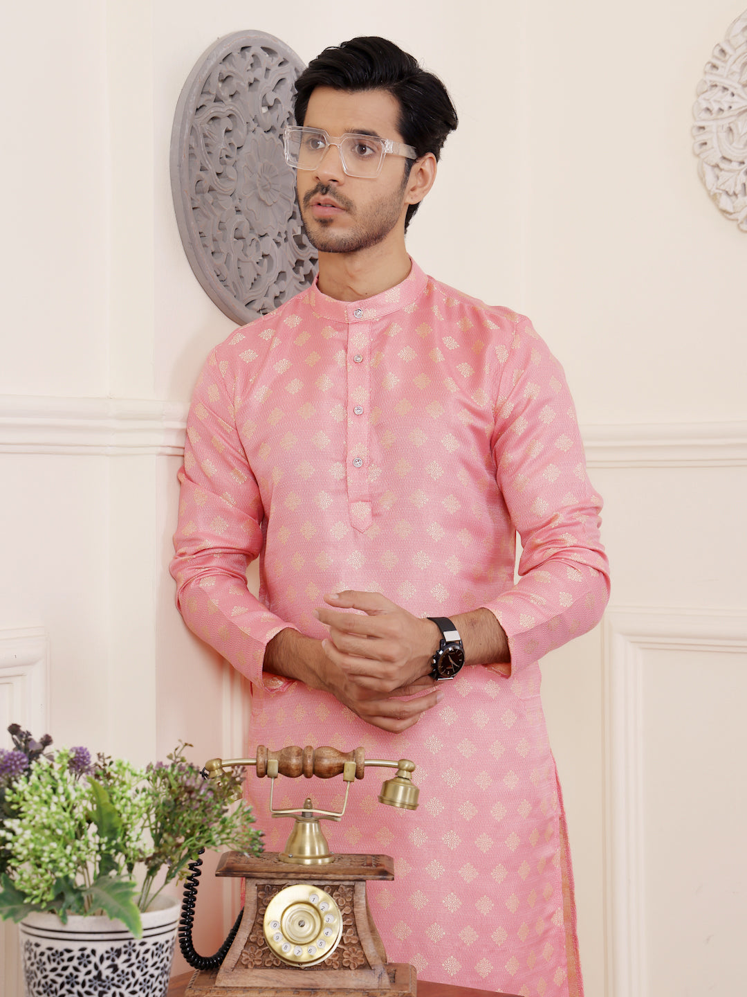 Soft Pink Viscose Rajwadi Kurta | Wevon Jacquard Art Silk Ensemble