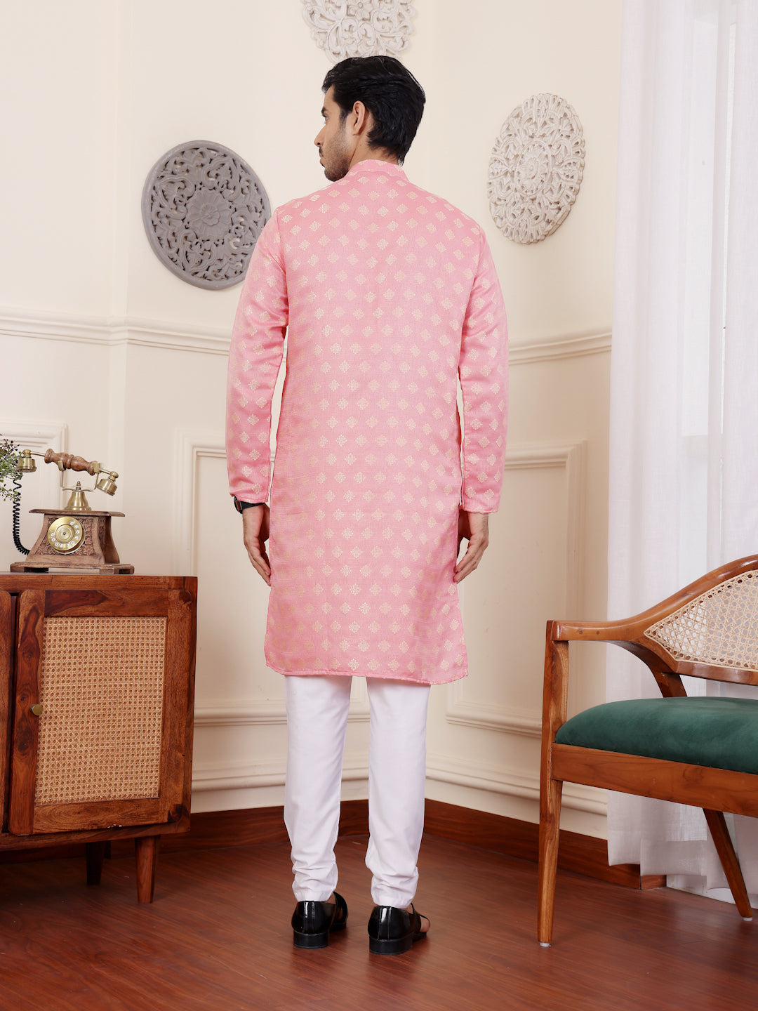 Soft Pink Viscose Rajwadi Kurta | Wevon Jacquard Art Silk Ensemble