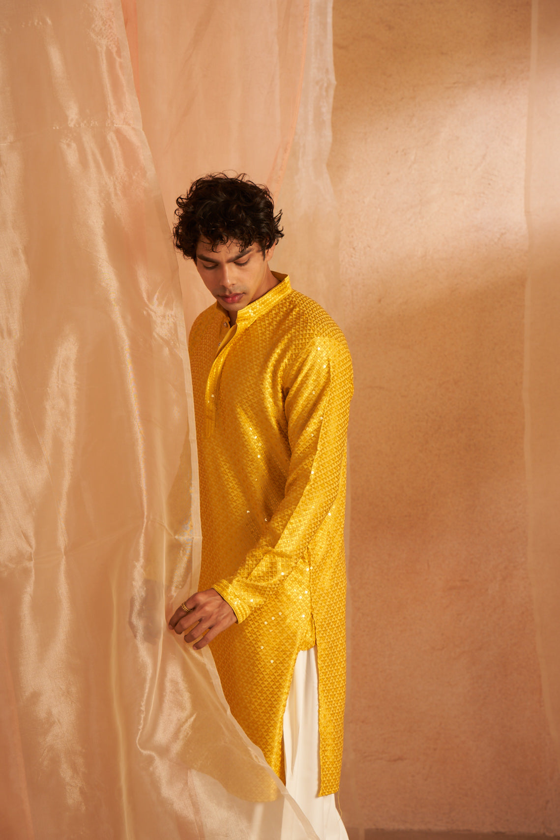 Yellow Viscose Kurta | Chikankari Embroidered Festive Wear with Art Silk Bottom