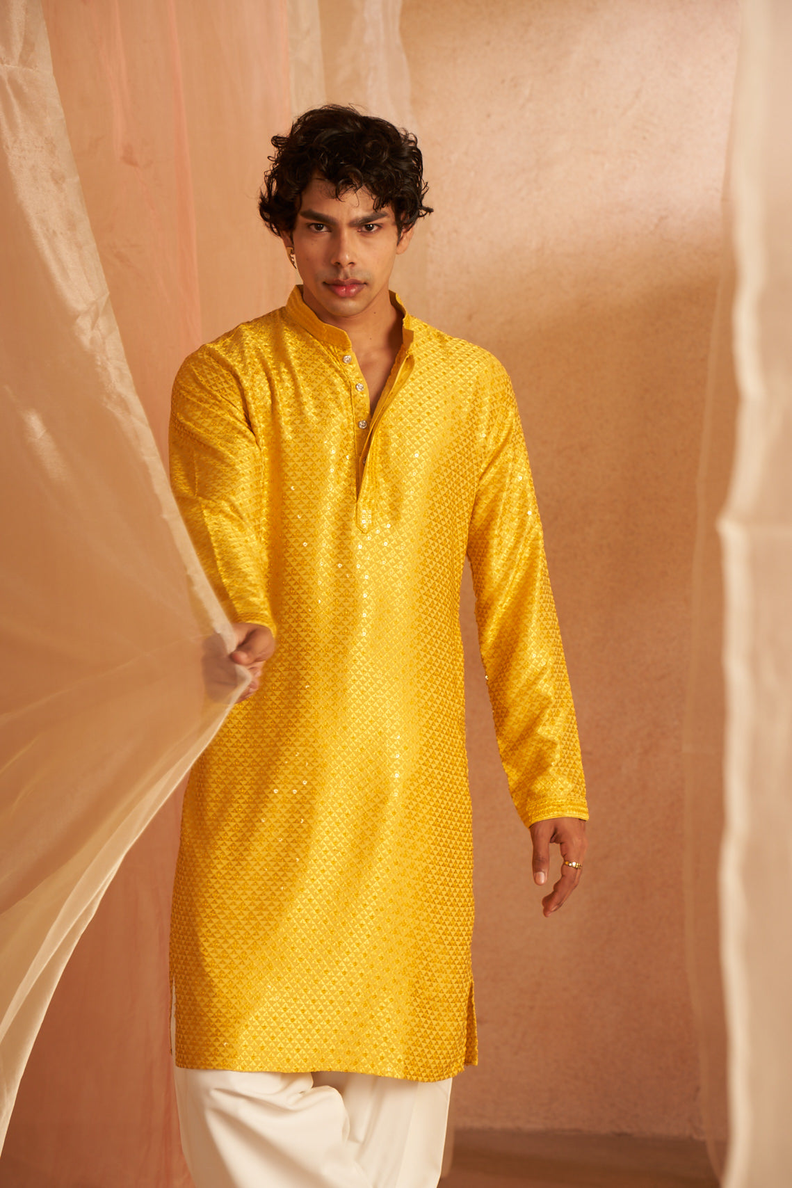 Yellow Viscose Kurta | Chikankari Embroidered Festive Wear with Art Silk Bottom