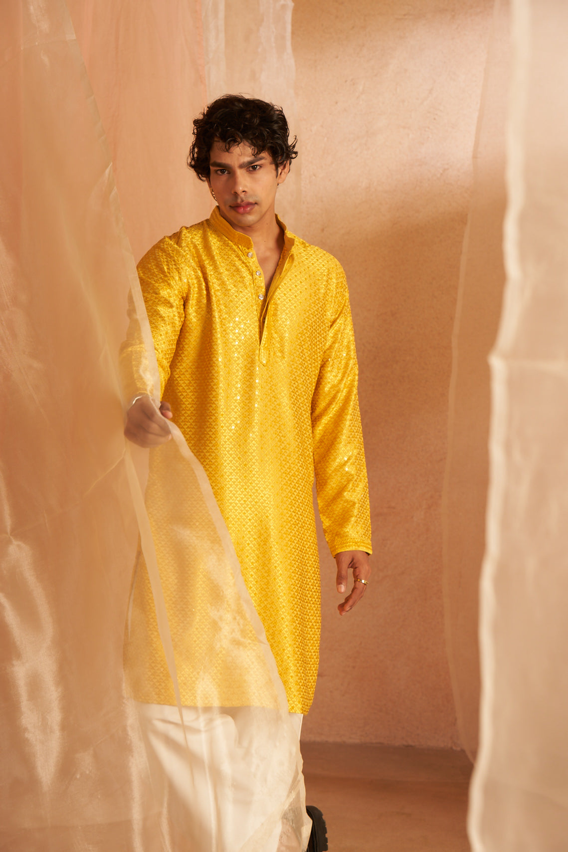 Yellow Viscose Kurta | Chikankari Embroidered Festive Wear with Art Silk Bottom
