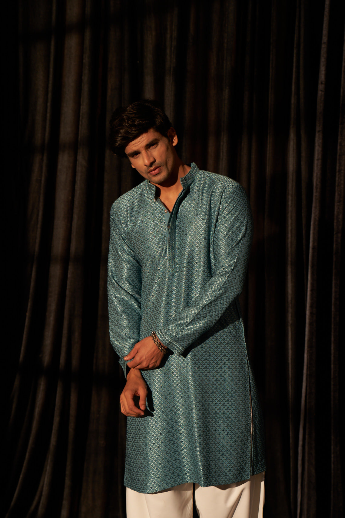 Blue Viscose Kurta | Chikankari Embroidered Festive Wear with Art Silk Bottom