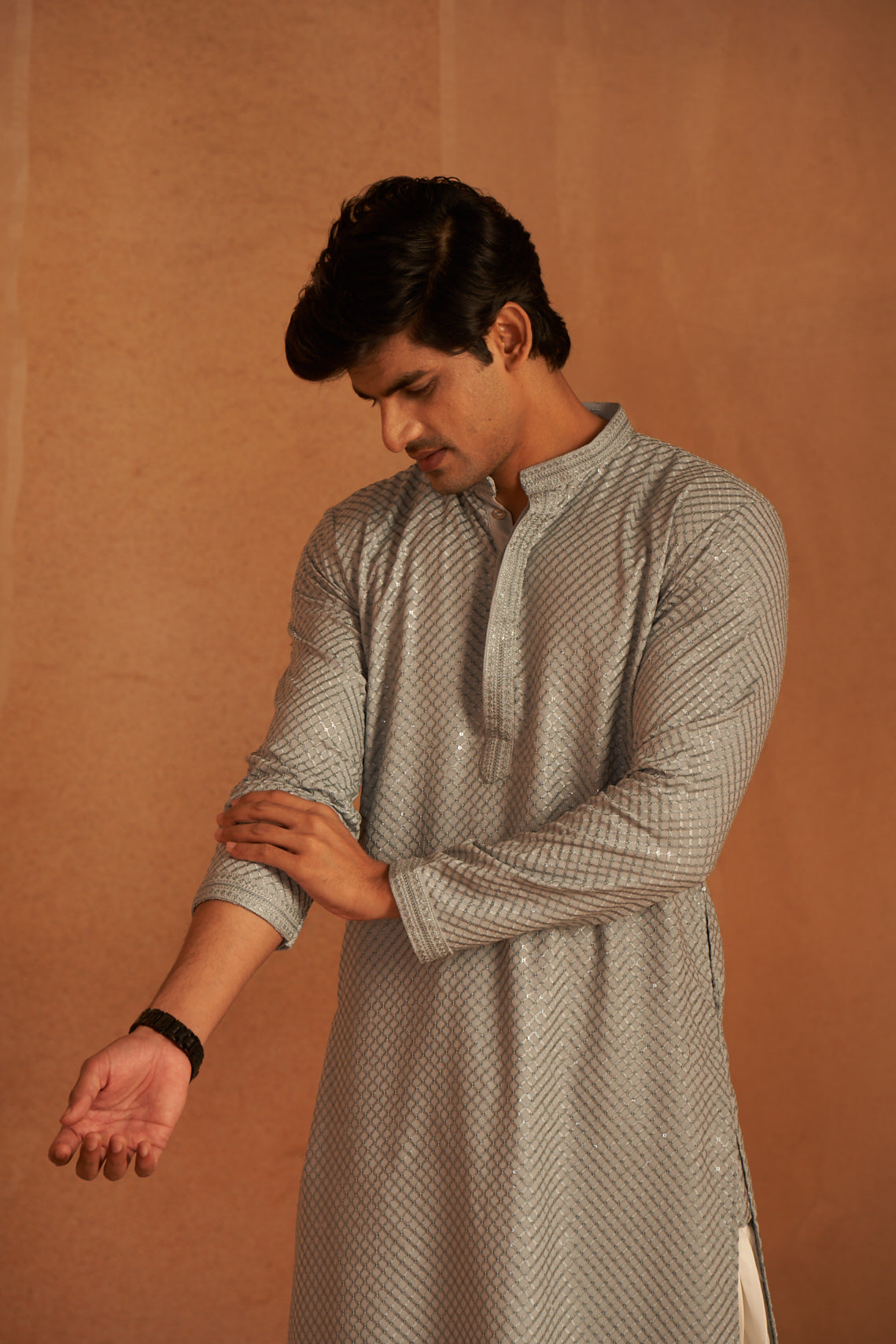 Grey Viscose Kurta | Chikankari Embroidered Festive Wear with Art Silk Bottom