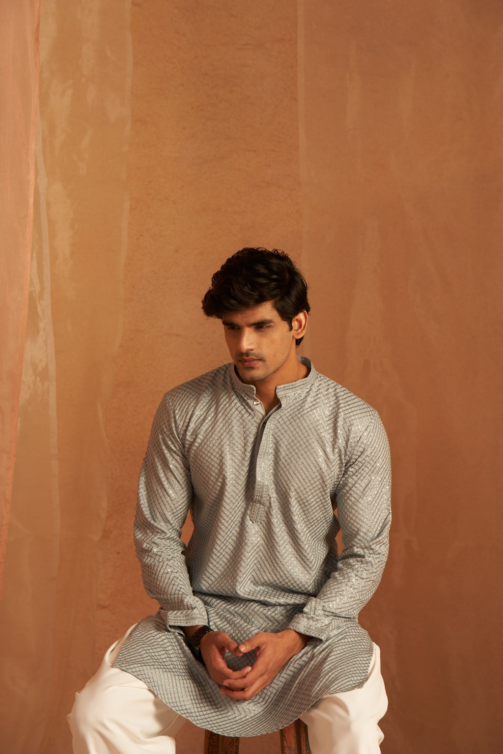 Grey Viscose Kurta | Chikankari Embroidered Festive Wear with Art Silk Bottom