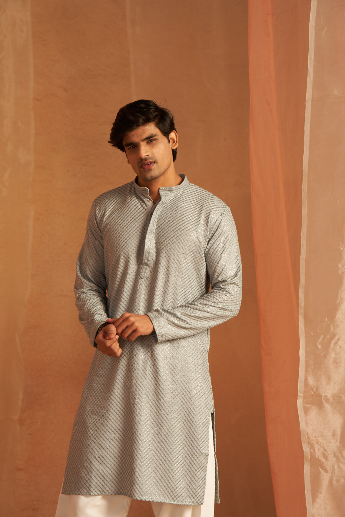 Grey Viscose Kurta | Chikankari Embroidered Festive Wear with Art Silk Bottom