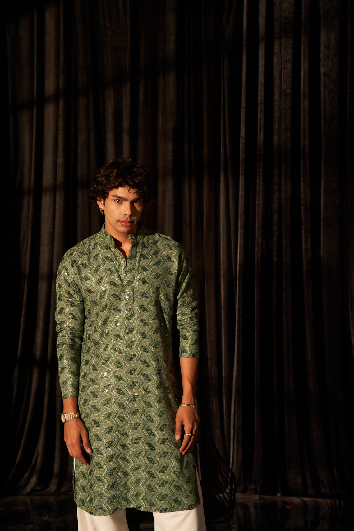 Green Viscose Kurta | Chikankari Embroidered Festive Wear with Art Silk Bottom