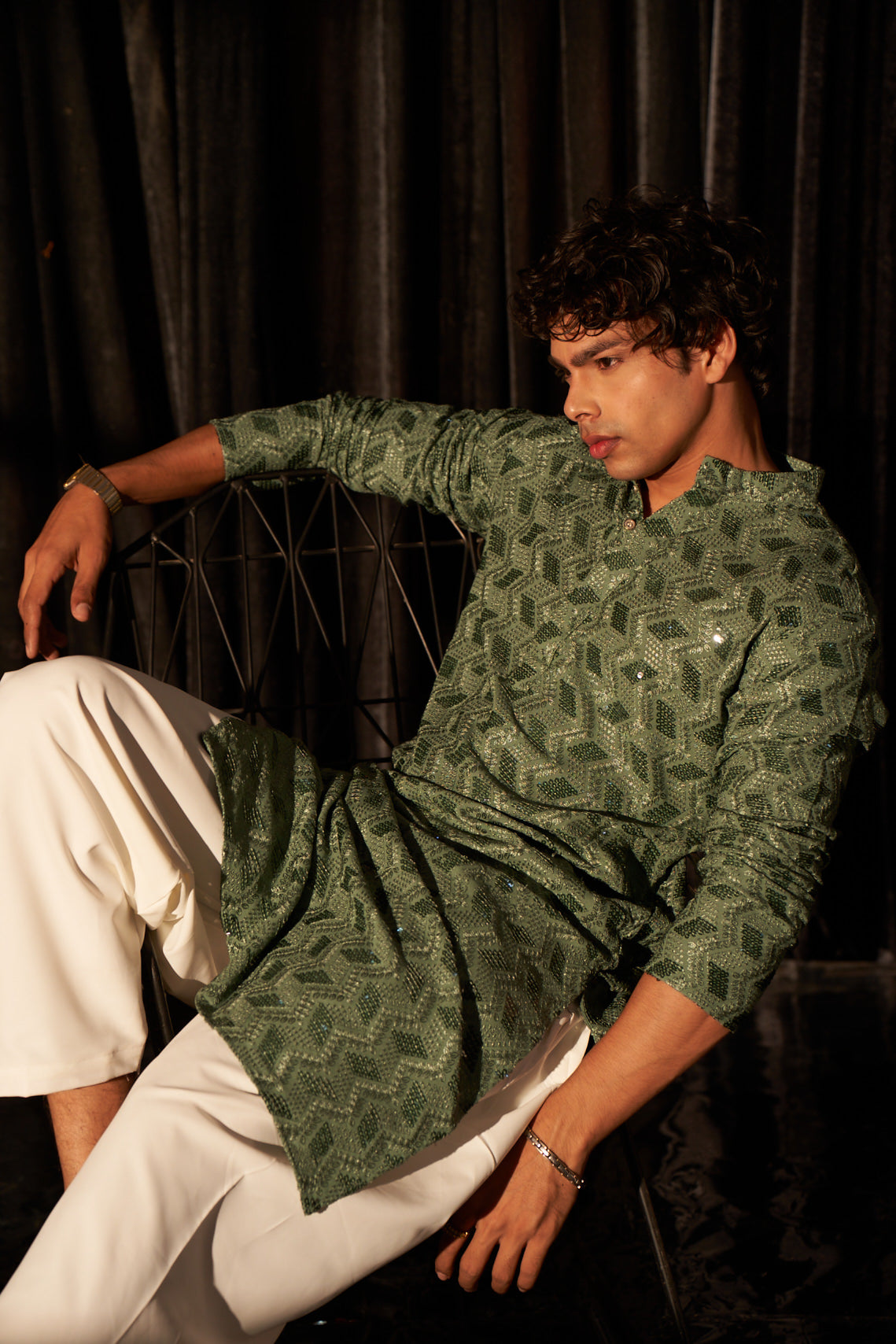 Green Viscose Kurta | Chikankari Embroidered Festive Wear with Art Silk Bottom