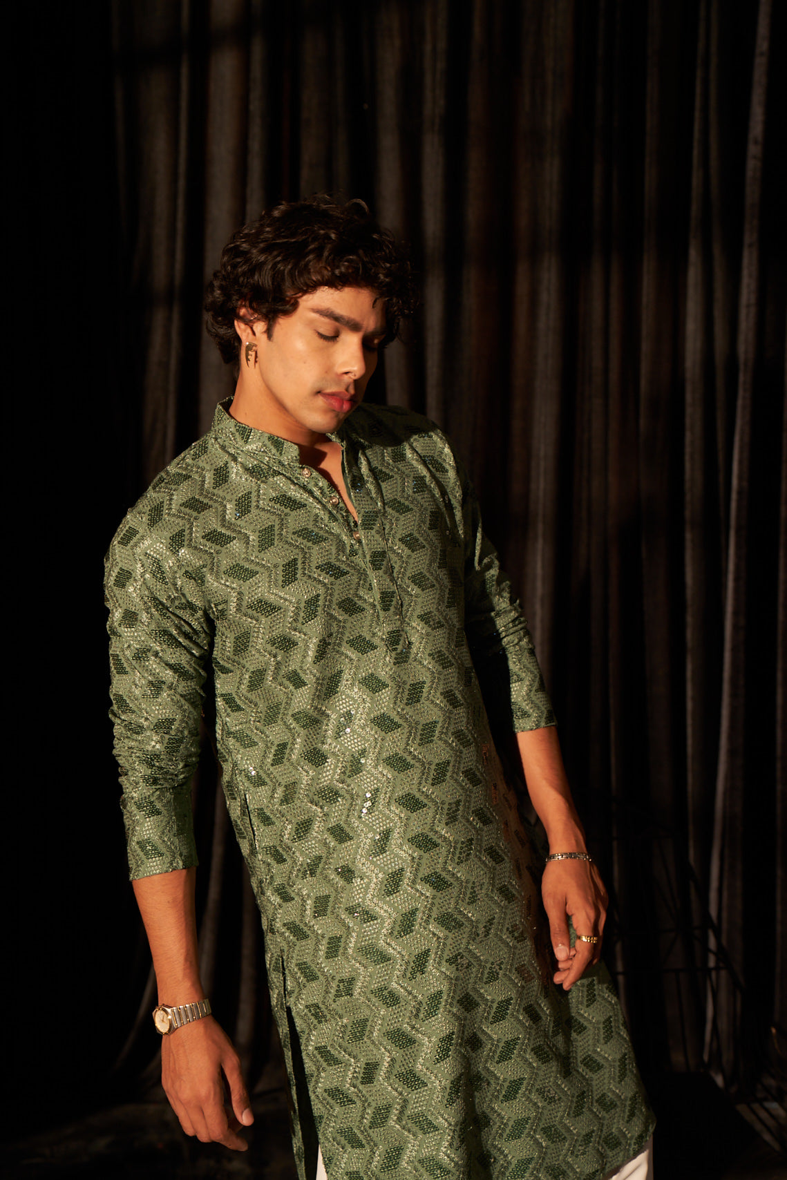 Green Viscose Kurta | Chikankari Embroidered Festive Wear with Art Silk Bottom