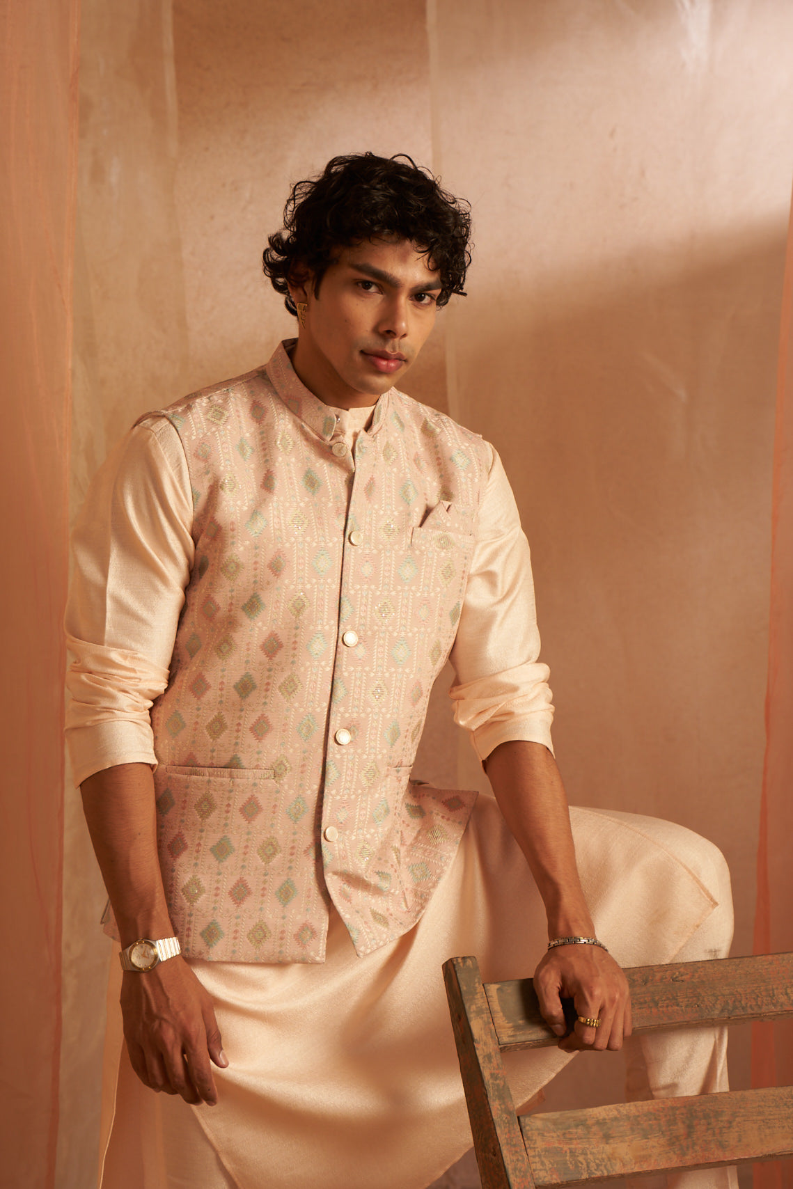 Peach Blossom Viscose Kurta Set | Designer Printed Festive Couture Ensemble
