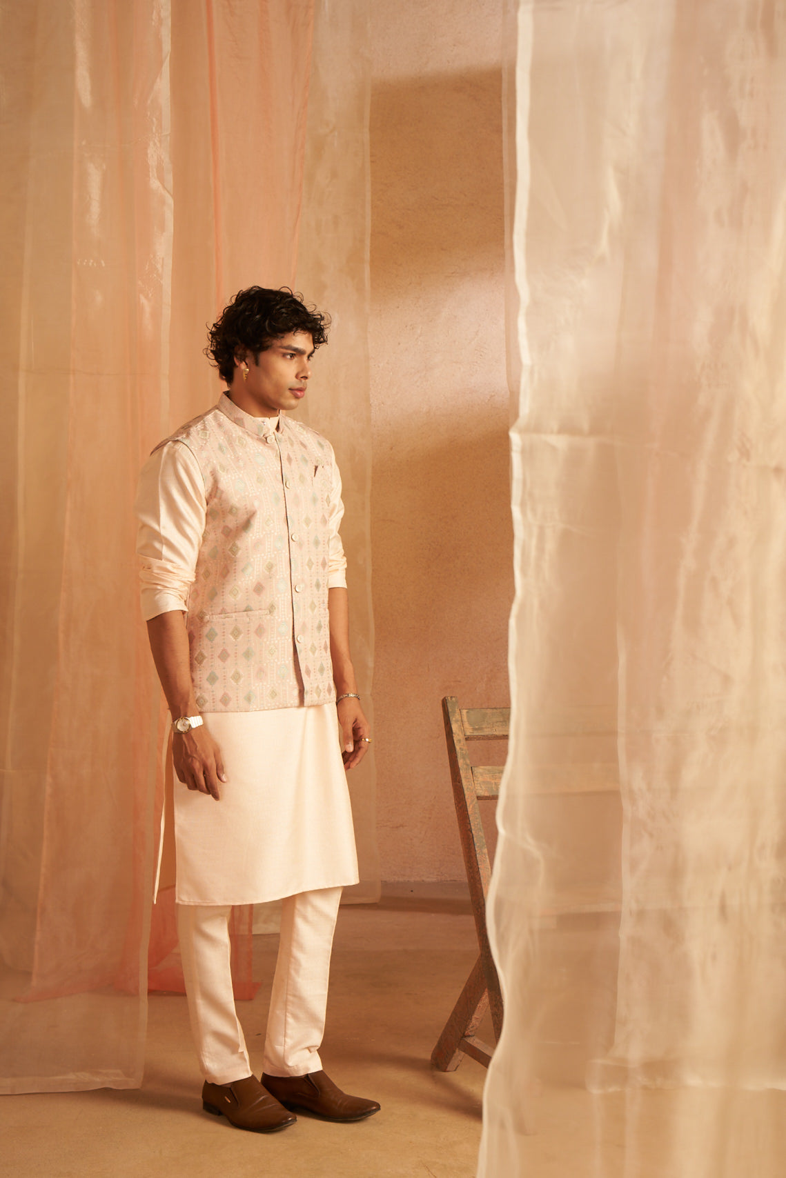 Peach Blossom Viscose Kurta Set | Designer Printed Festive Couture Ensemble
