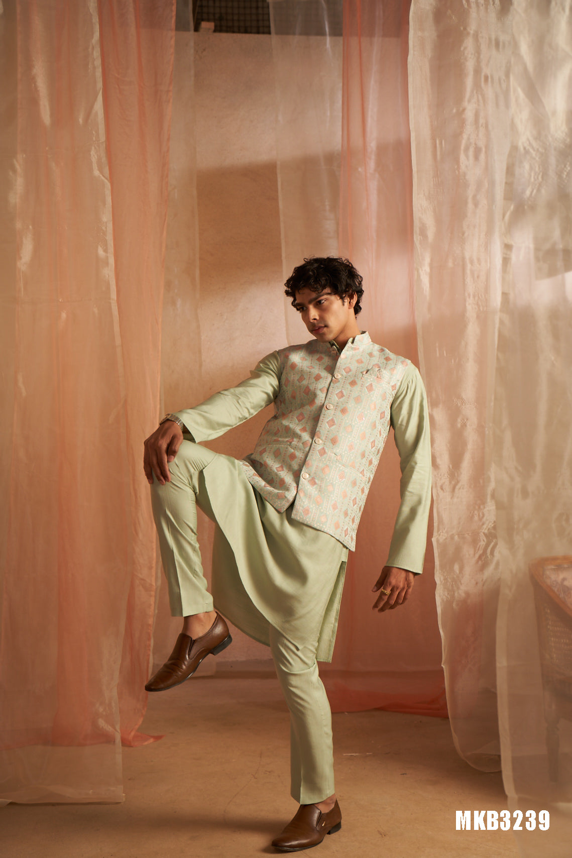 Pista Green Viscose Kurta Set | Designer Printed Festive Couture Ensemble