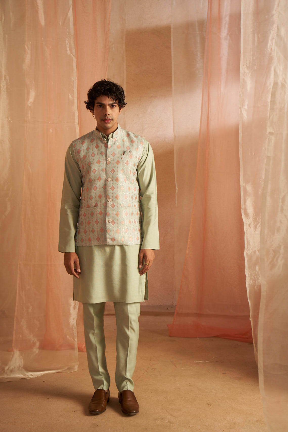 Pista Green Viscose Kurta Set | Designer Printed Festive Couture Ensemble