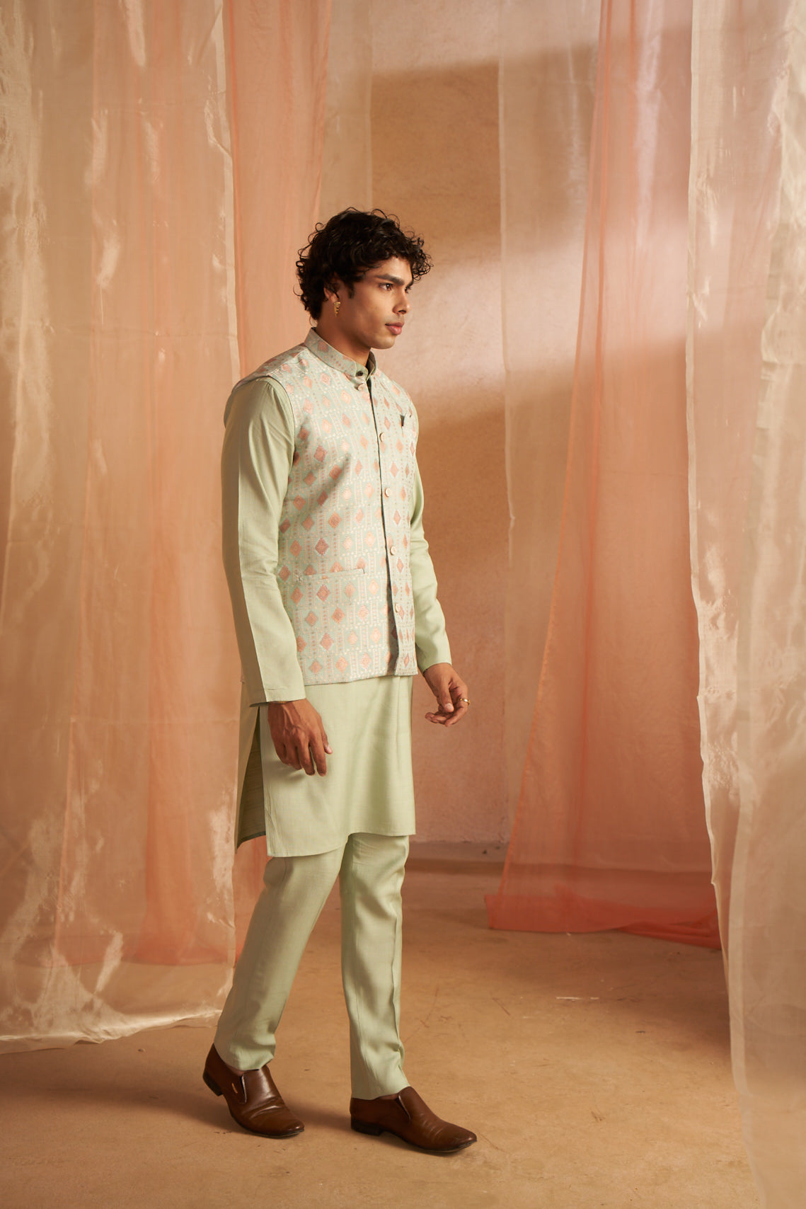 Pista Green Viscose Kurta Set | Designer Printed Festive Couture Ensemble