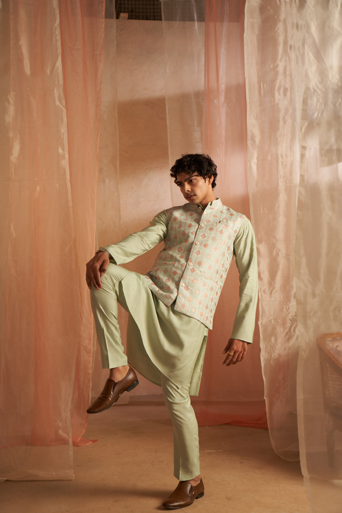 Pista Green Viscose Kurta Set | Designer Printed Festive Couture Ensemble