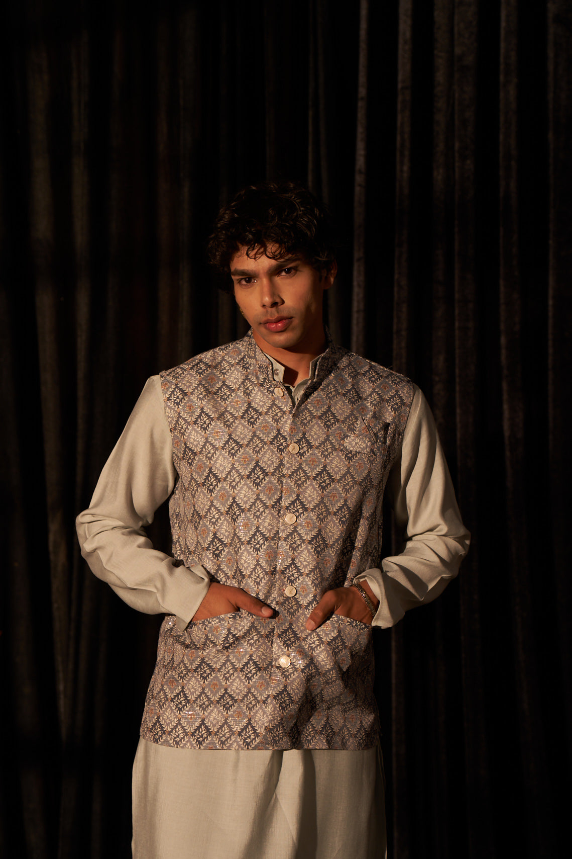 Silver Grey Viscose Kurta Set | Designer Printed Festive Couture Ensemble